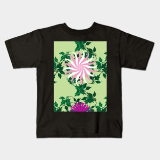 White and Pink, Cerise and Purple Flowers on a Vine Leaves and Peppermint Green background Kids T-Shirt